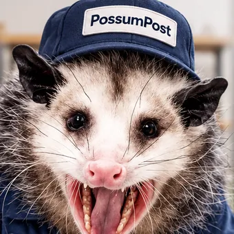 Close-up of Marvin the possum wearing a PossumPost cap