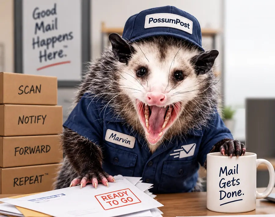 Marvin the PossumPost possum in a navy mail carrier uniform at a desk with a stack of mail marked Ready to Go and a mug that says Mail Gets Done